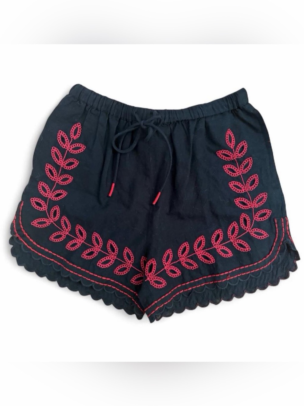 Zara Black Red Embroidered Scalloped Trim Boho Shorts Size XS